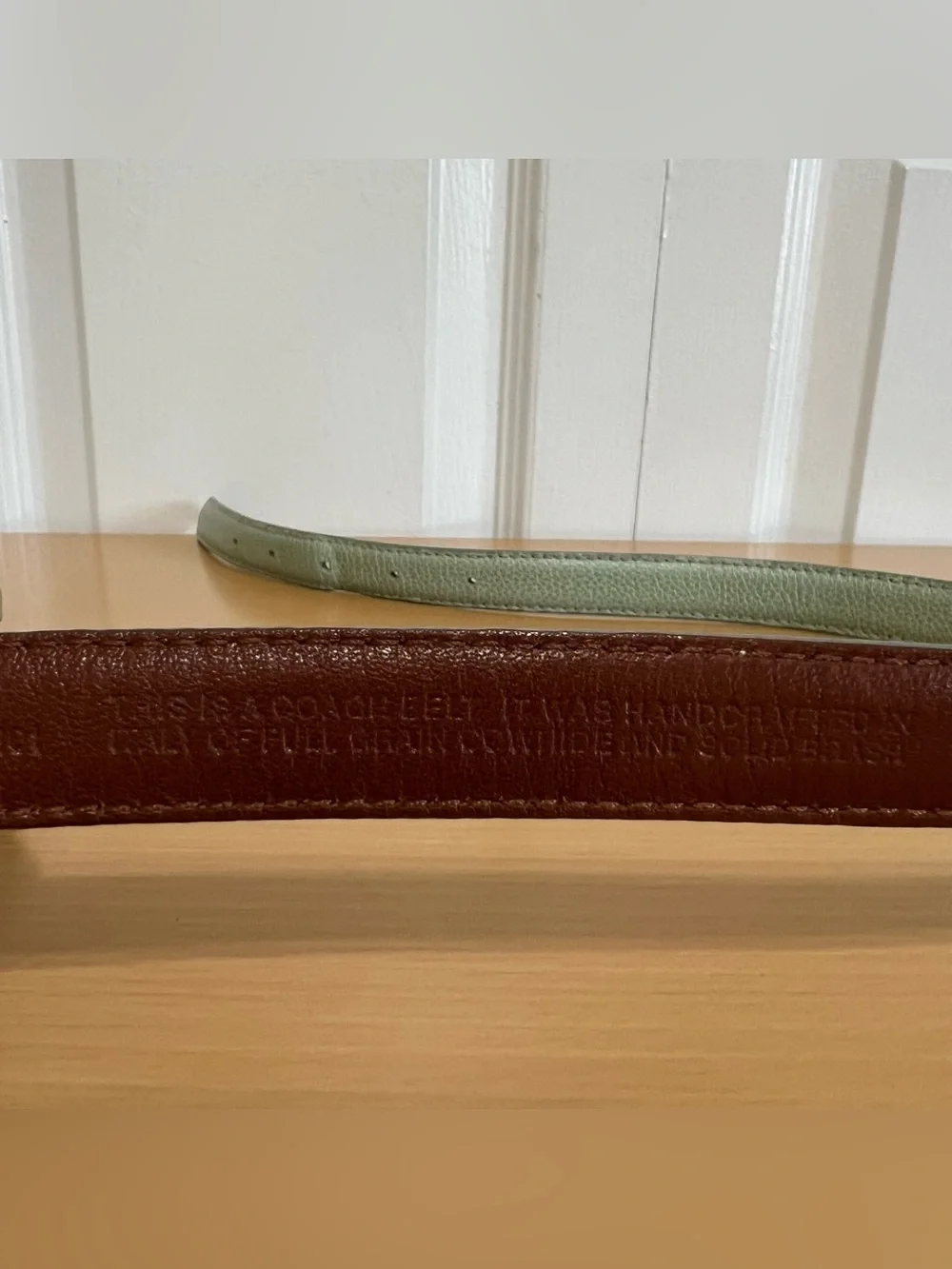 Coach Women’s Light Green Slim Leather Belt Solid Brass Buckle Italy Size Medium
